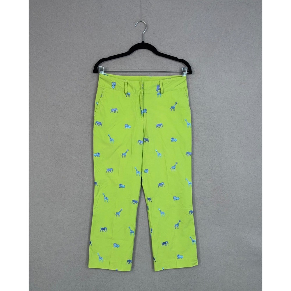 Vintage Lilly Pulitzer Pants Womens 4 Green Animal Safari Embroidered Crop Chino